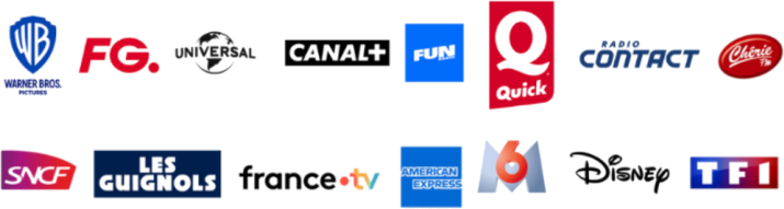Productions et chaînes TV : Warner Bros, FG, Universal, Canal+, Fun Radio, Quick, Radio Contact, Chérie FM, SNCF, Les Guignols, France TV, American Express, M6, Disney, TF1